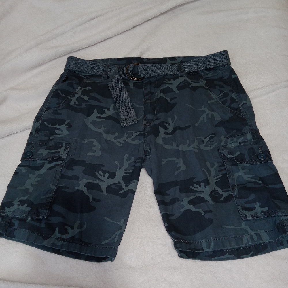 Ring of Fire Cargo Shorts Mens 34 Navy Camo Belted 100% Cotton Summer Outdoor